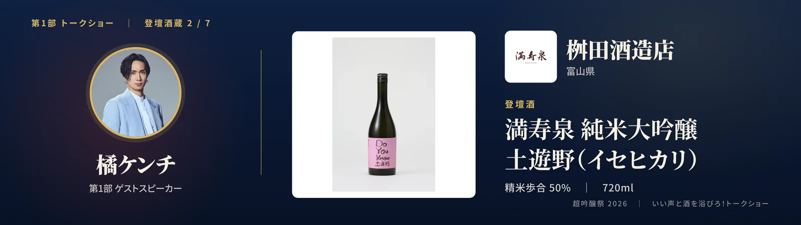 投影スライド: 二蔵目 桝田酒造店（富山県）登壇酒: 満寿泉 純米大吟醸 土遊野（イセヒカリ）