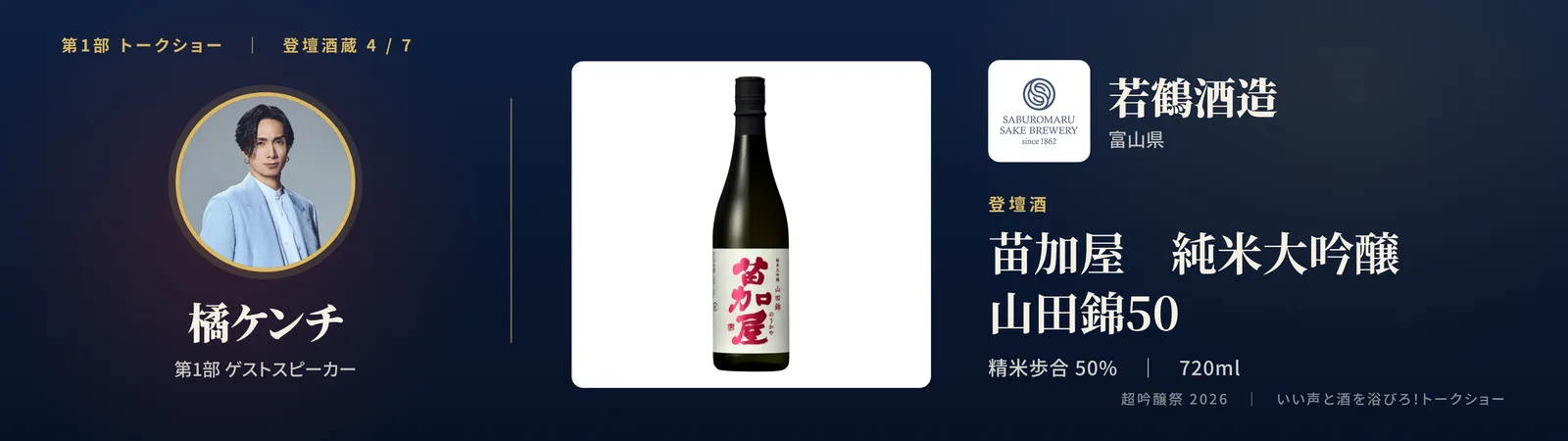 投影スライド: 四蔵目 若鶴酒造（富山県）登壇酒: 苗加屋 純米大吟醸 山田錦50