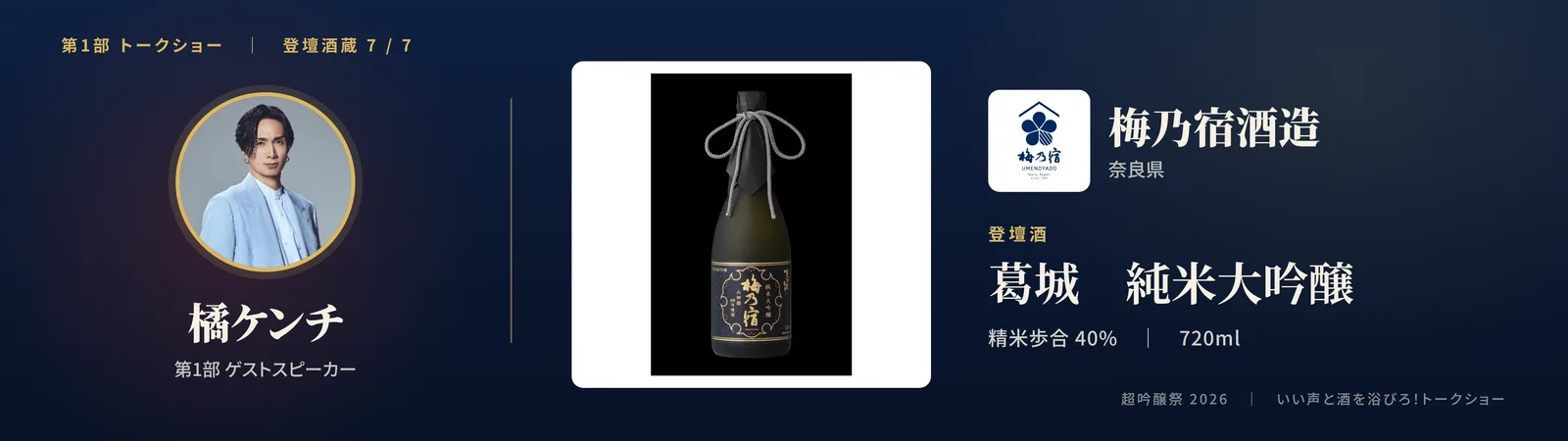 投影スライド: 七蔵目 梅乃宿酒造（奈良県）登壇酒: 葛城 純米大吟醸