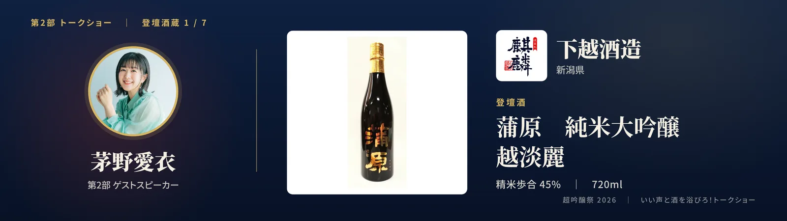 投影スライド: 一蔵目 下越酒造(新潟県)登壇酒: 蒲原 純米大吟醸 越淡麗