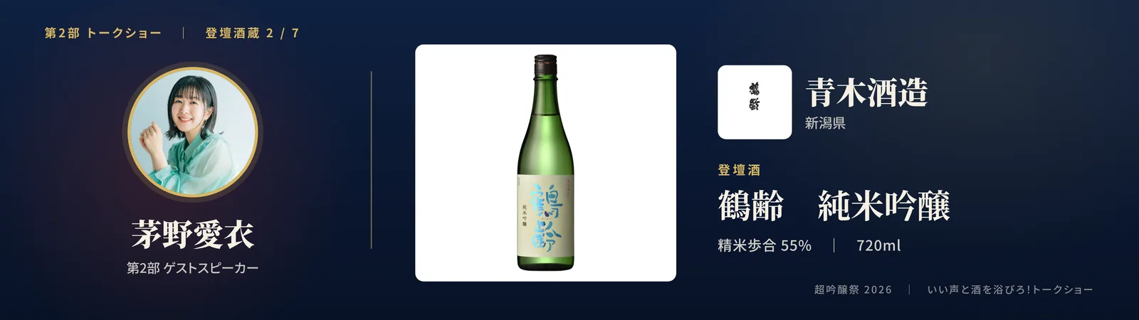 投影スライド: 二蔵目 青木酒造(新潟県)登壇酒: 鶴齢 純米吟醸