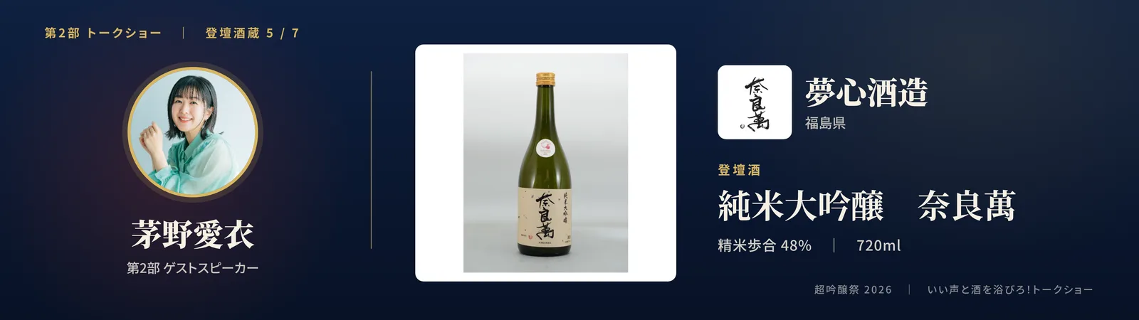 投影スライド: 五蔵目 夢心酒造(福島県)登壇酒: 純米大吟醸 奈良萬