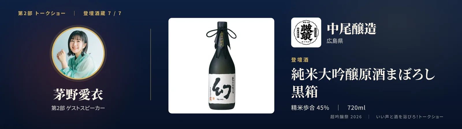 投影スライド: 七蔵目 中尾醸造(広島県)登壇酒: 純米大吟醸原酒 まぼろし黒箱