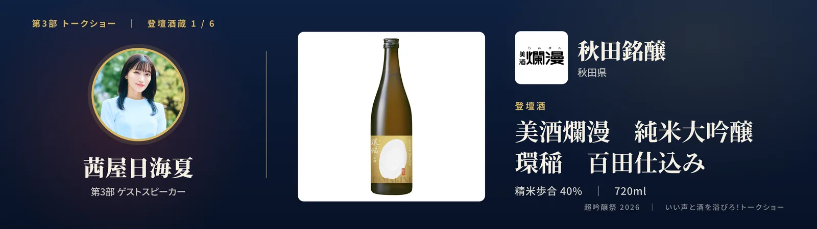 投影スライド: 一蔵目 秋田銘醸（秋田県）登壇酒: 美酒爛漫 純米大吟醸 環稲 百田仕込み