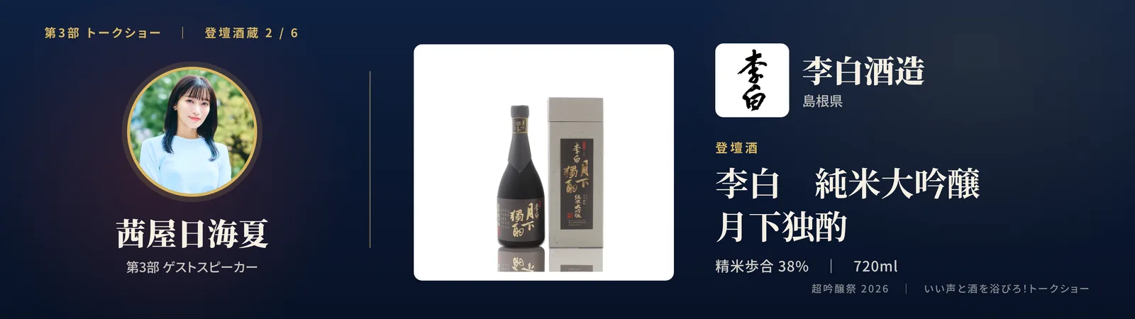 投影スライド: 二蔵目 李白酒造（島根県）登壇酒: 李白 純米大吟醸 月下独酌