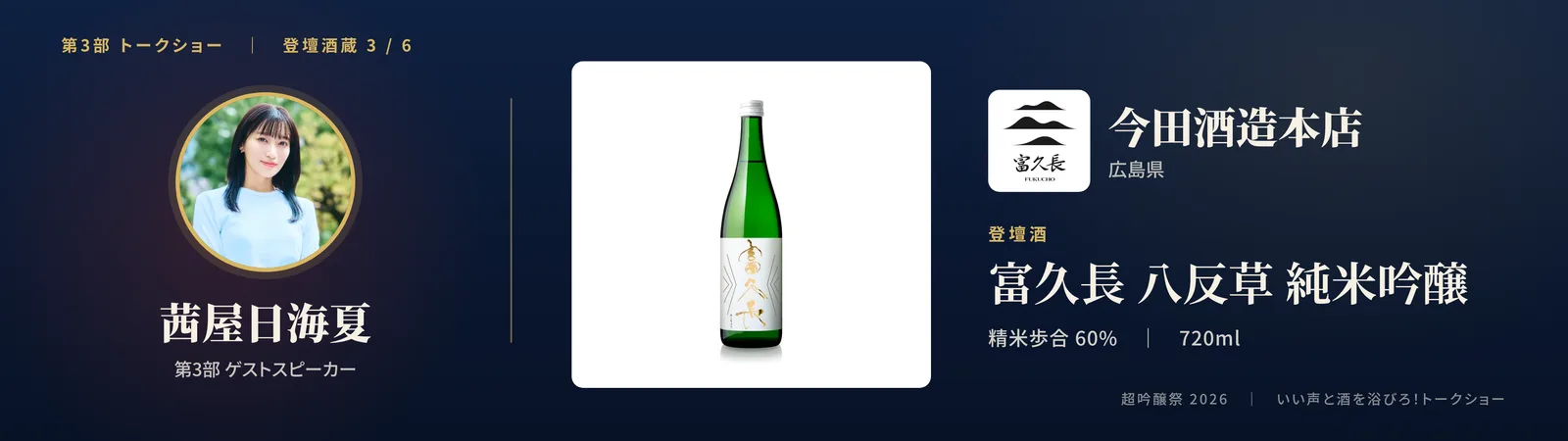 投影スライド: 三蔵目 今田酒造本店（広島県）登壇酒: 富久長 八反草 純米吟醸