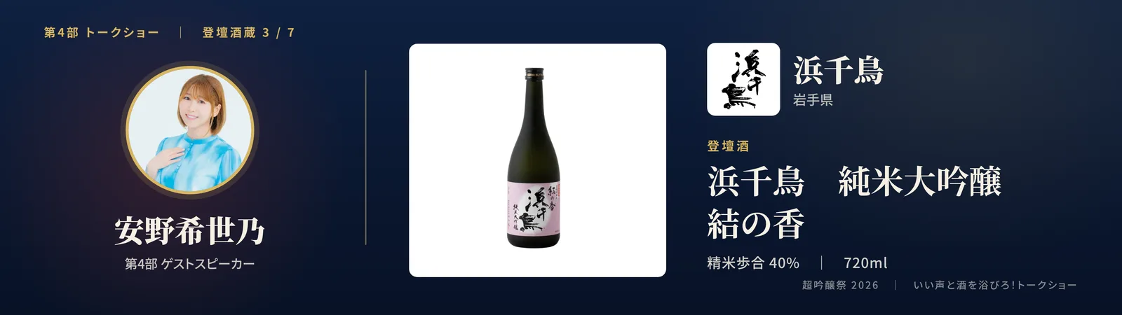 投影スライド: 三蔵目 浜千鳥(岩手県)登壇酒: 浜千鳥 純米大吟醸 結の香