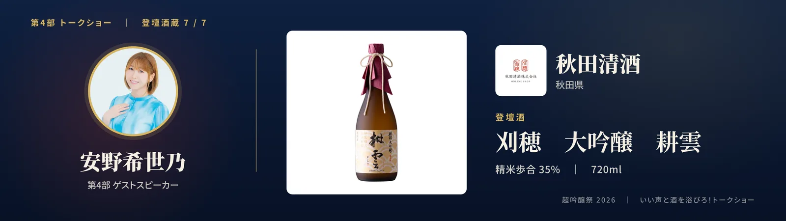 投影スライド: 七蔵目 秋田清酒(秋田県)登壇酒: 刈穂 大吟醸 耕雲