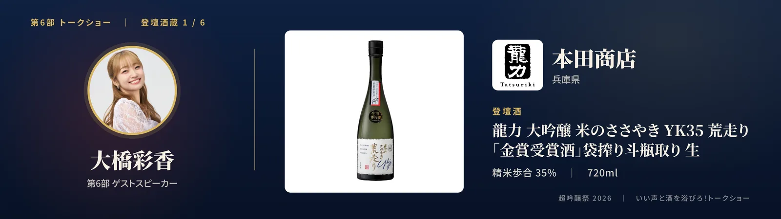 投影スライド: 一蔵目 本田商店（兵庫県）登壇酒: 龍力 大吟醸 米のささやき YK35 荒走り「金賞受賞酒」袋搾り斗瓶取り 生