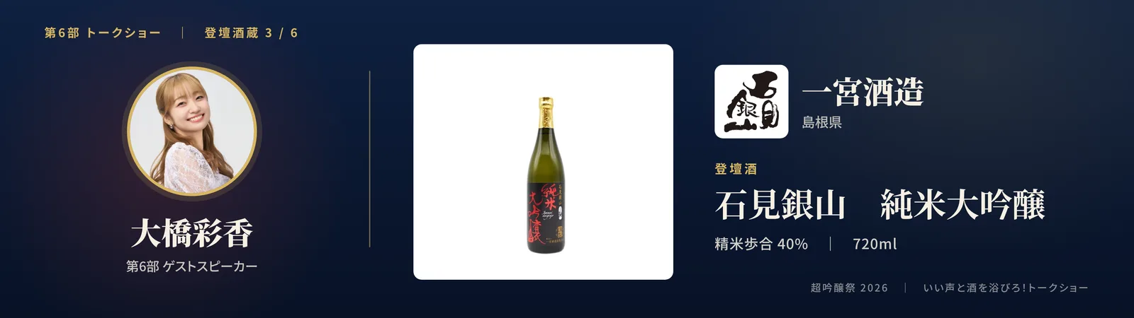 投影スライド: 三蔵目 一宮酒造（島根県）登壇酒: 石見銀山 純米大吟醸