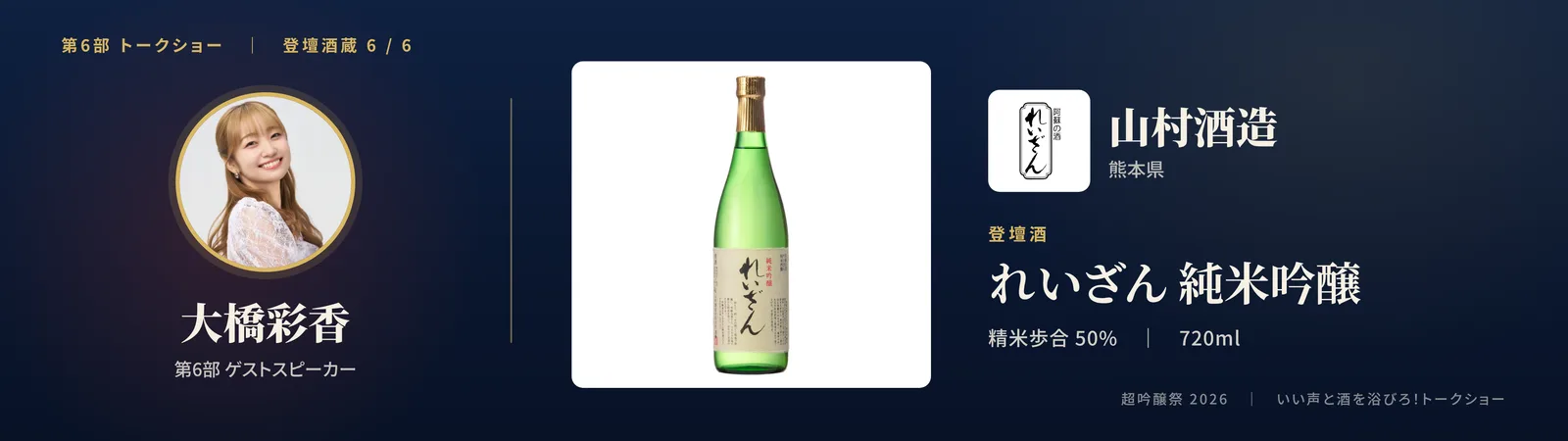 投影スライド: 六蔵目 山村酒造（熊本県）登壇酒: れいざん 純米吟醸